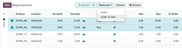 The Order to Max option on the replenishment dashboard.
