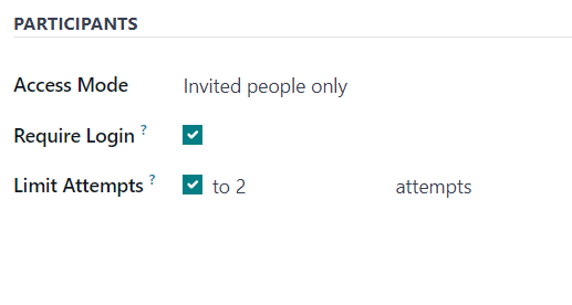 The Participants section of the Options tab on a survey form in Odoo Surveys.