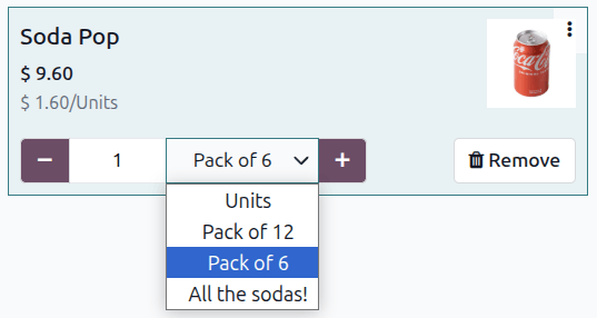 A product card with the packaging drop-down expanded and showing per-unit pricing.