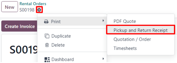 The pickup and return receipt print option in the Odoo Rental application.