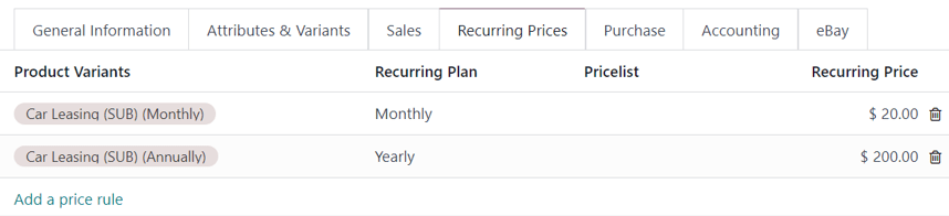 Product variants on the "Time-based pricing" tab of the product form.
