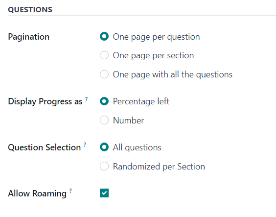 The Questions section of the Options tab on a survey form in Odoo Surveys.