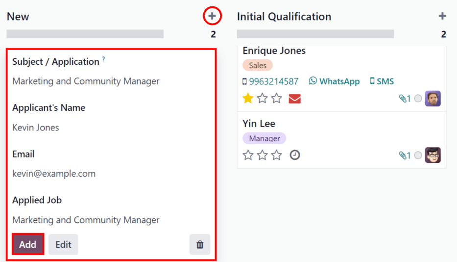 All the fields for a new applicant form entered when using the Quick Add option.