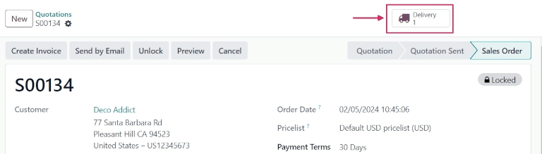 Delivery smart button on confirmed sales order form.