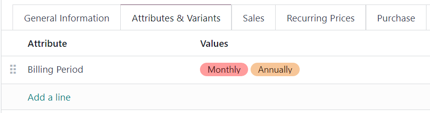 Recurrence periods configured as product variants in the "Attributes & Variants" tab of the product form.