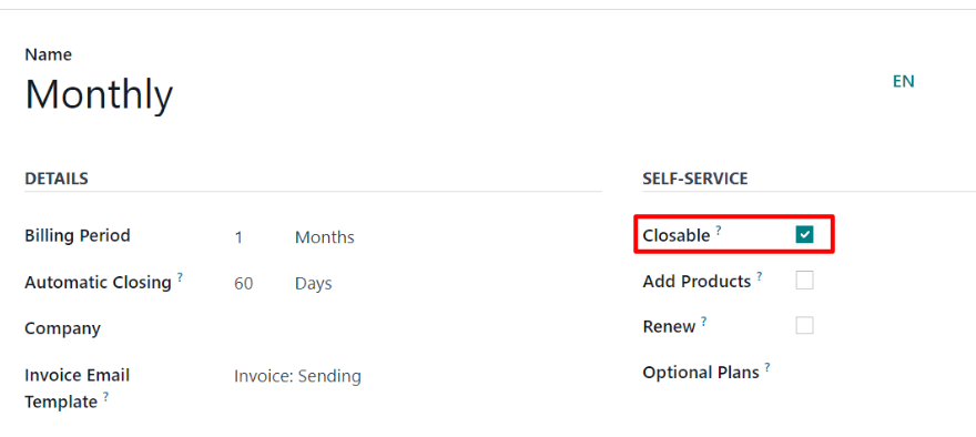 The Closable option on a recurring plan form in Odoo Subscriptions.
