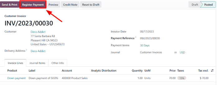 Showcase of the Register Payment button on a confirmed customer invoice.