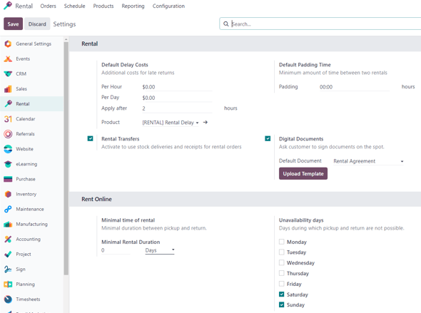 How the Settings page appears in the Odoo Rental application.