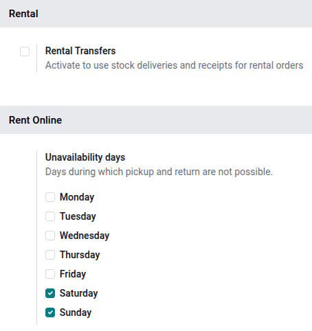How the Settings page appears in the Odoo Rental application.