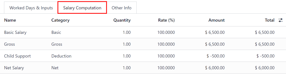 The fields filled out in the salary computation tab.