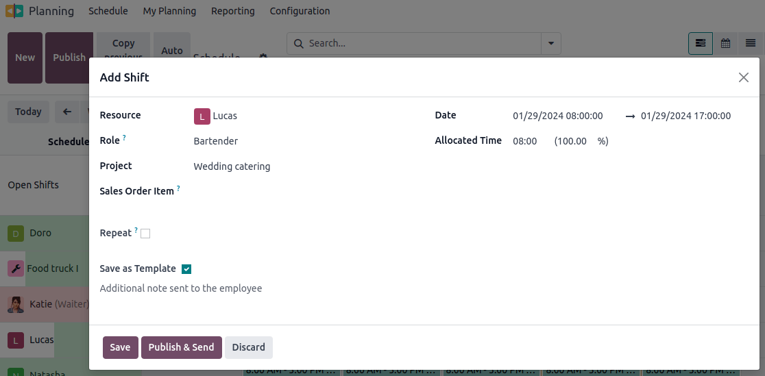 Shift form with the option `save template` ticked.