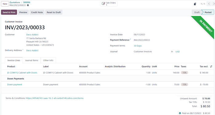 The second down payment invoice with in payment banner in Odoo Sales.