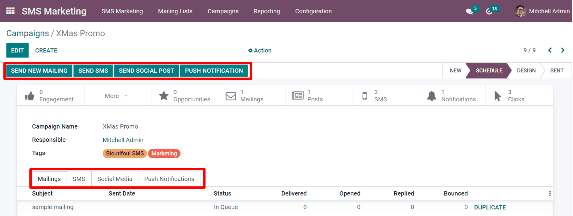 View of an SMS campaign template in Odoo SMS marketing.