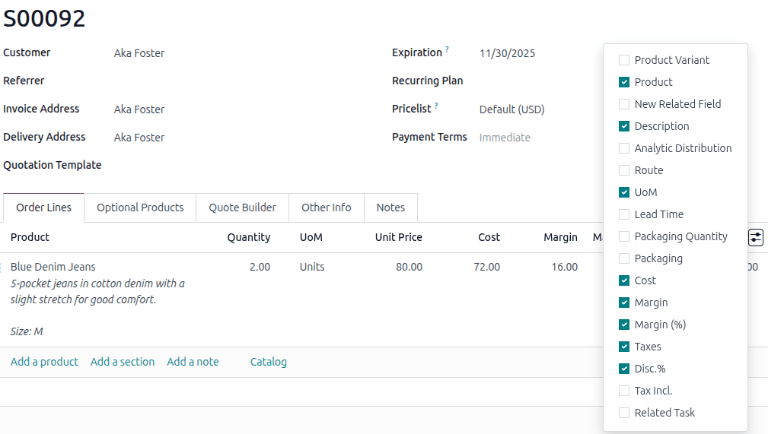 Sales order with Margin and Margin(%) columns displayed.