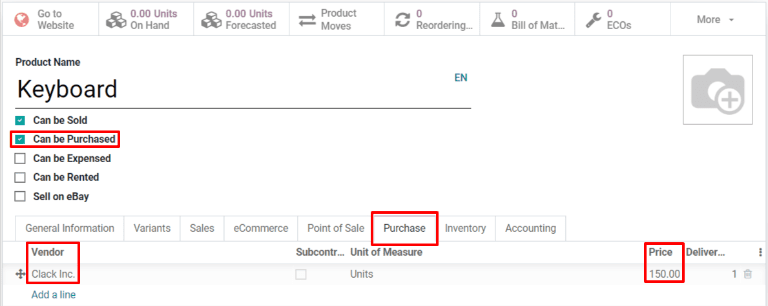 Enable "Can be Purchased" and specify a vendor.