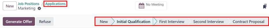 Change the stage of an applicant by clicking on the desired stage at the top of the applicant's card.