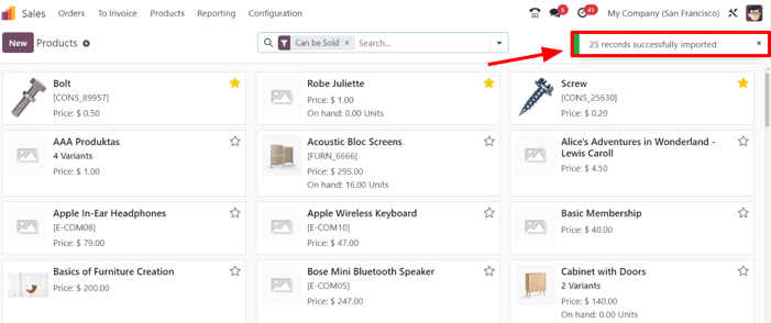 The pop-up window that appears after a successful product import process in Odoo Sales.