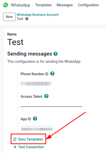 Syncing Meta WhatsApp templates to the Odoo database, with the 'Sync Templates' highlighted.