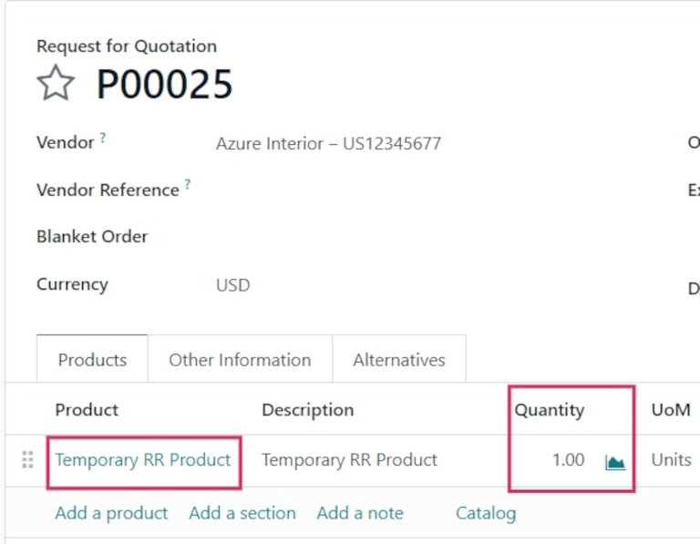 Purchase order for product ordered with temporary reordering rule.