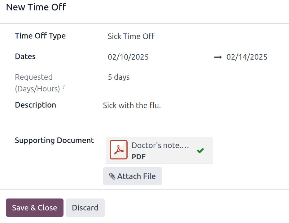A time off request form filled out for an employee home sick for two days with the flu.