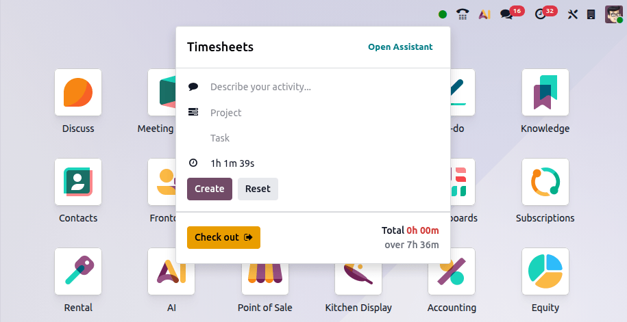 Timesheets timer popup.
