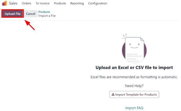 The upload file button on the import products template download page in Odoo Sales.