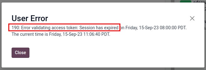 User error populated in Odoo when token expires.