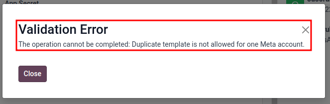 User error populated in Odoo when a duplicate template exists.