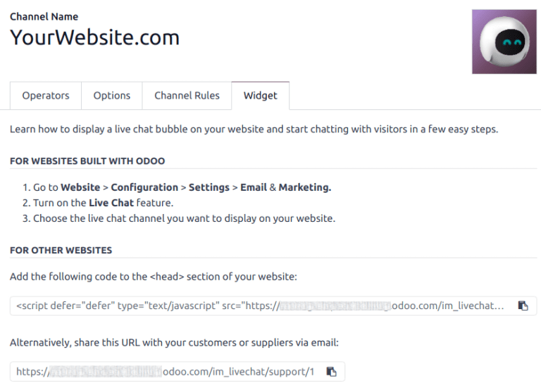 View of the widget tab for Odoo Live Chat.