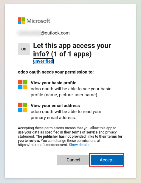 Accept Microsoft conditions for permission access to your account information.