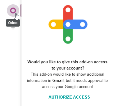 The Authorize Access button in the right sidebar of the Odoo plugin panel.