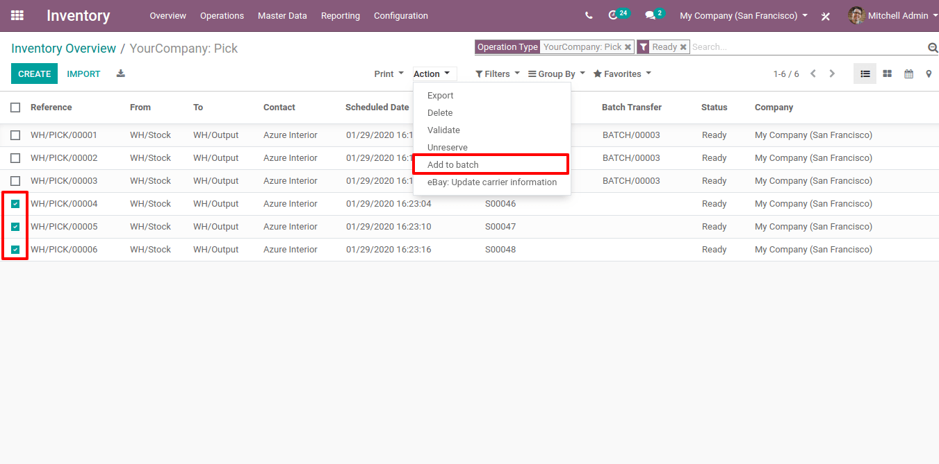 View of the process to add transfers to a batch transfer from the transfers list view