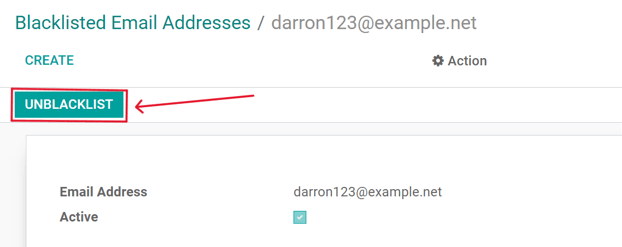 View of a blacklisted contact detail form in Odoo Email Marketing.