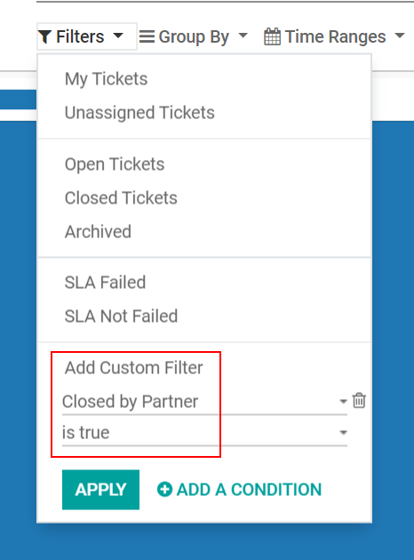 Filter for tickets closed by customers on Odoo Helpdesk's reporting page.