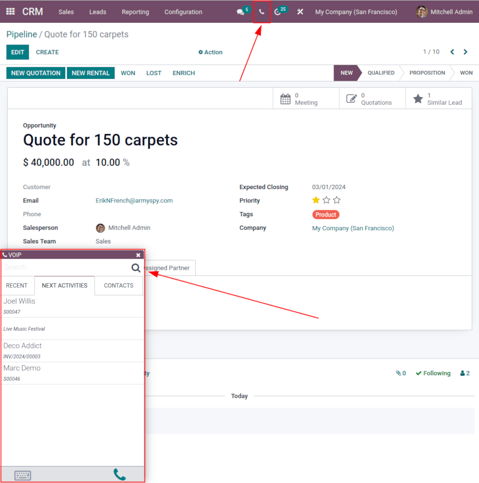View of CRM leads and the option to schedule an activity for Odoo Discuss.
