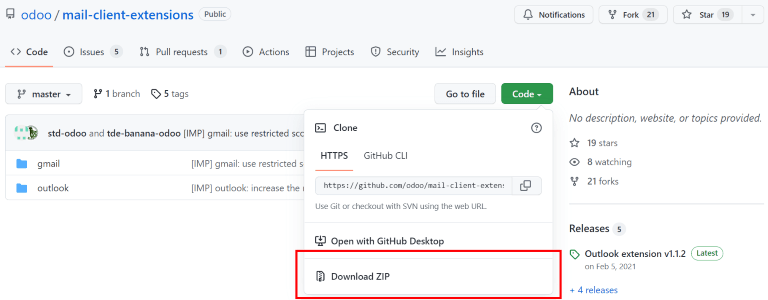 Download the ZIP file from the Odoo GitHub repository for Mail Plugins.