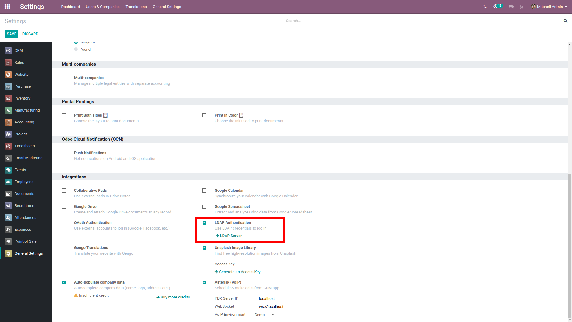LDAP Authentication checkbox highlighted in the integrations settings on Odoo.