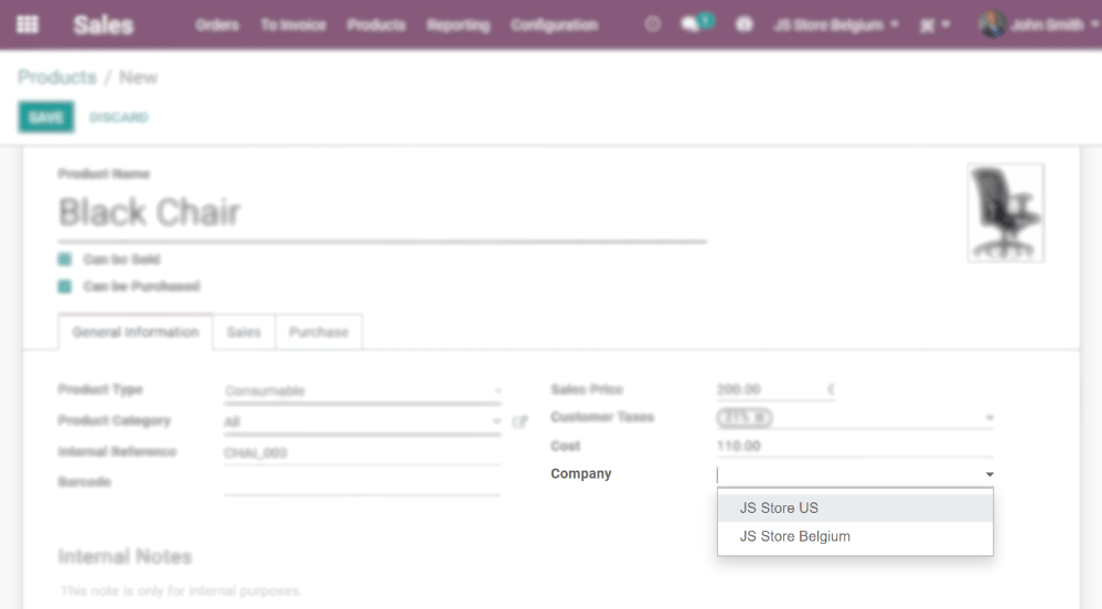View of a product's form emphasizing the company field in Odoo Sales