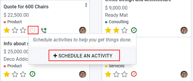 Kanban view of the CRM pipeline and the option to schedule an activity.