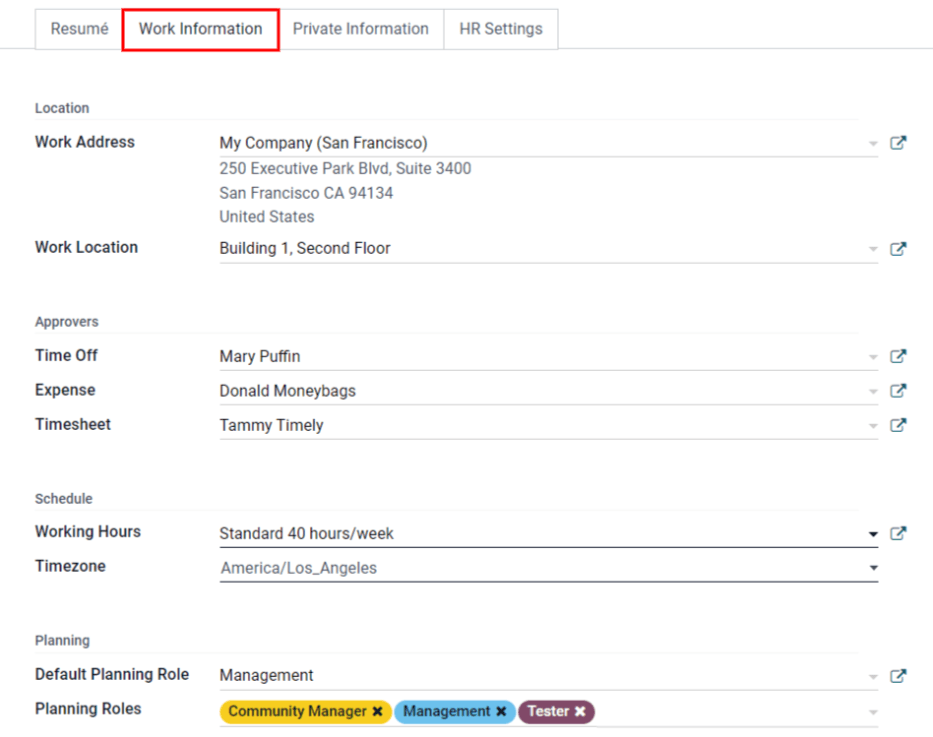 Add the work information to the Work Information tab.