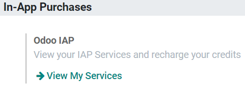 Using Odoo IAP to recharge credits for SMS Marketing in Odoo settings.