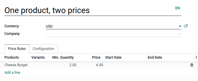 Setup form of a multiple prices pricelist