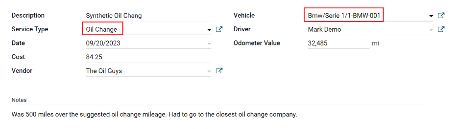 Enter the information for a new service. The required fields are Service Type and Vehicle.