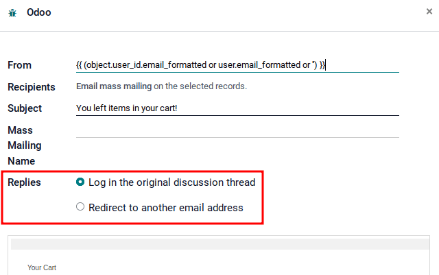 Email composer in mass mailing mode with reply-to highlighted.