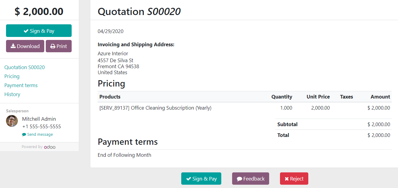 Customer preview of a quotation form in Odoo Sales