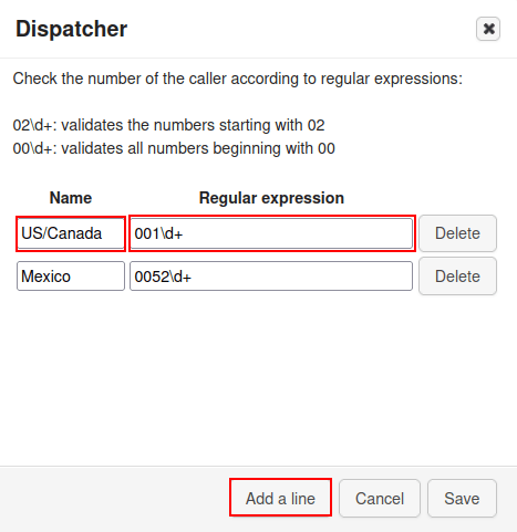 Dispatcher configuration panel, with name, regular expression and add a line highlighted.