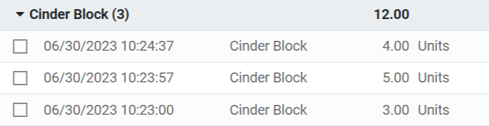 View of the lots of cinder blocks in the inventory valuation report.