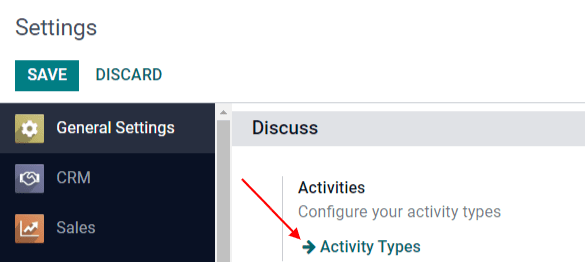 View of the settings page emphasizing the menu activity types.