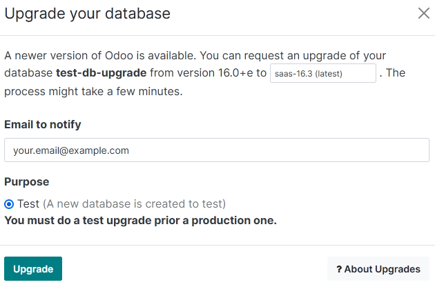 The "Upgrade your database" popup.