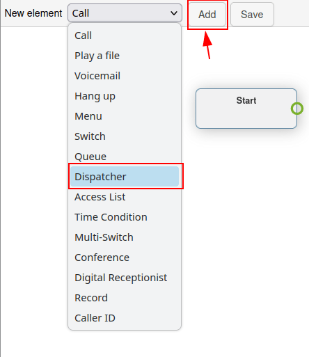 Visual editor for a dial plan in Axivox, with Add and the dispatcher element highlighted.